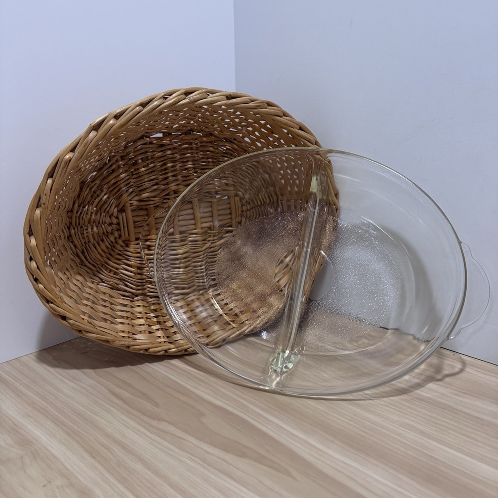 VTG Clear Glass Glasbake Divided Casserole Dish #239 w/Woven Wicker Basket Oval
